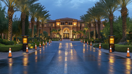 A spacious hotel driveway featuring a valet parking kiosk, neatly arranged traffic cones guiding vehicles, and a backdrop of the hotel's grand entrance.の素材