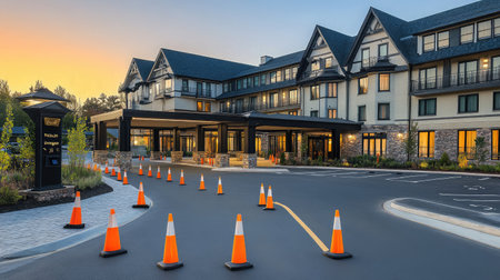 A spacious hotel driveway featuring a valet parking kiosk, neatly arranged traffic cones guiding vehicles, and a backdrop of the hotel's grand entrance.の素材