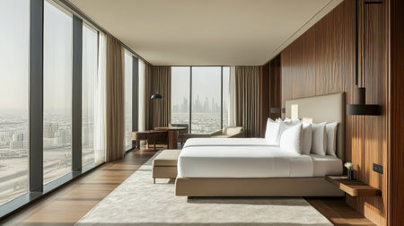 A spacious luxury hotel suite featuring floor-to-ceiling windows with panoramic city views, elegantly furnished with a king-sized bed and modern decor.の素材