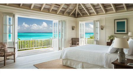 Elegant beachfront hotel room with floor-to-ceiling windows offering panoramic sea views, a king-sized bed, and modern coastal-themed decor.の素材