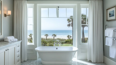 Beachfront hotel suite bathroom featuring a freestanding tub positioned near a window with unobstructed ocean views.の素材