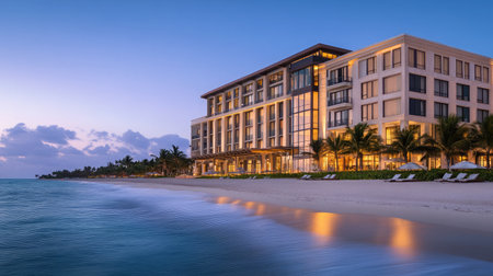 Beachfront hotel exterior at dusk, illuminated by soft ambient lighting, with waves gently lapping at the shore.の素材