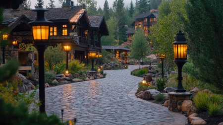 A valet parking drop-off zone at a luxury resort, featuring a cobblestone driveway, elegant signage, and ambient lantern-style lighting fixtures.の素材