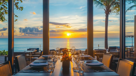 Elegant beachfront hotel dining room with large windows framing the sunset over the ocean, set with fine tableware.の素材
