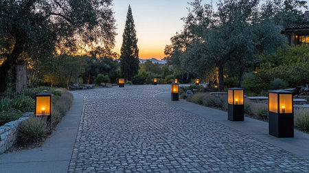 A valet parking drop-off zone at a luxury resort, featuring a cobblestone driveway, elegant signage, and ambient lantern-style lighting fixtures.の素材