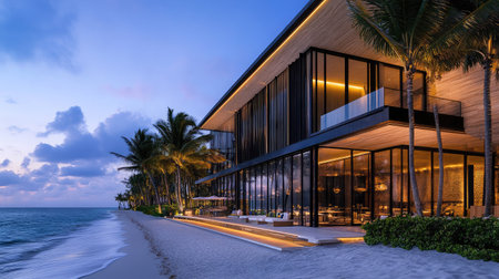 Beachfront hotel exterior at dusk, illuminated by soft ambient lighting, with waves gently lapping at the shore.の素材