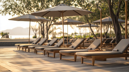 Beachfront hotel terrace with comfortable lounge chairs and umbrellas, offering a perfect spot to relax and enjoy the ocean view.の素材
