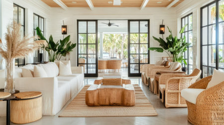Beachfront hotel lobby with high ceilings, chic coastal decor, and large glass doors leading directly to the sandy beach.の素材