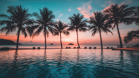 Infinity pool at a beachfront hotel overlooking the ocean, with palm trees lining the poolside and the sun setting on the horizon.の素材