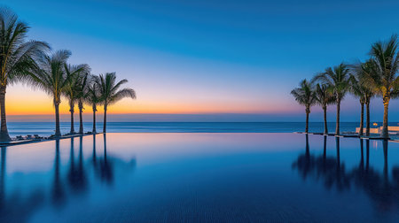 Infinity pool at a beachfront hotel overlooking the ocean, with palm trees lining the poolside and the sun setting on the horizon.の素材