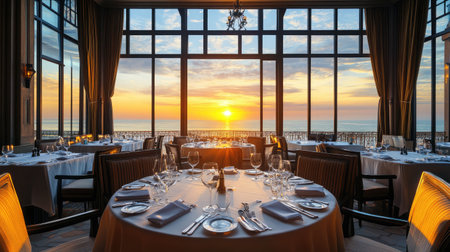 Elegant beachfront hotel dining room with large windows framing the sunset over the ocean, set with fine tableware.の素材