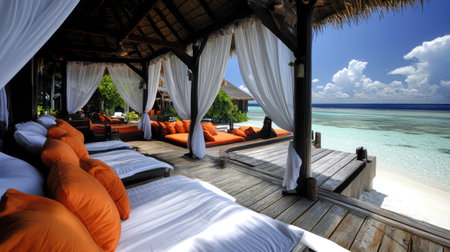 Seaside cabana at a beachfront hotel, draped with white curtains and furnished with plush seating, overlooking the crystal-clear ocean.の素材