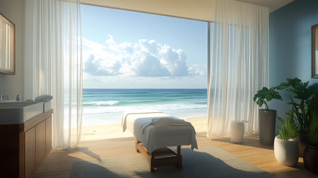 Luxurious spa room in a beachfront hotel, featuring a massage table positioned near large windows that showcase the tranquil beach scenery.の素材