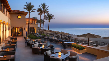 Rooftop lounge at a beachfront hotel, offering panoramic sea views, comfortable seating, and ambient evening lighting.の素材