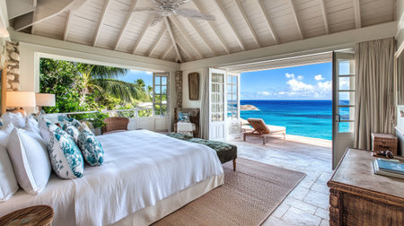 Elegant beachfront hotel room with floor-to-ceiling windows offering panoramic sea views, a king-sized bed, and modern coastal-themed decor.の素材