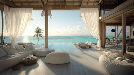 Seaside cabana at a beachfront hotel, draped with white curtains and furnished with plush seating, overlooking the crystal-clear ocean.の素材
