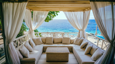 Seaside cabana at a beachfront hotel, draped with white curtains and furnished with plush seating, overlooking the crystal-clear ocean.の素材