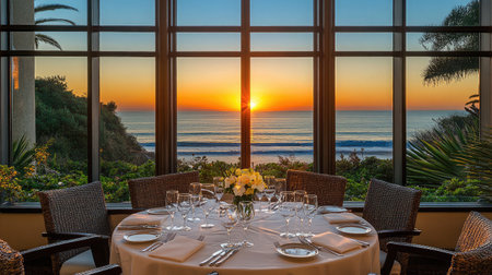 Elegant beachfront hotel dining room with large windows framing the sunset over the ocean, set with fine tableware.の素材