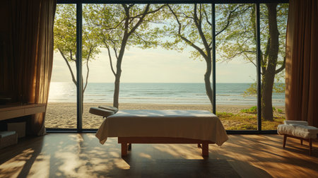 Luxurious spa room in a beachfront hotel, featuring a massage table positioned near large windows that showcase the tranquil beach scenery.の素材