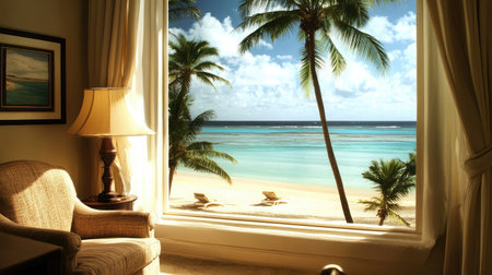 Cozy reading nook in a beachfront hotel suite, featuring a plush armchair beside a window overlooking the serene beach.の素材