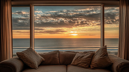 Sunrise view from a beachfront hotel room, with the first light illuminating the calm sea and sandy shore through expansive windows.の素材