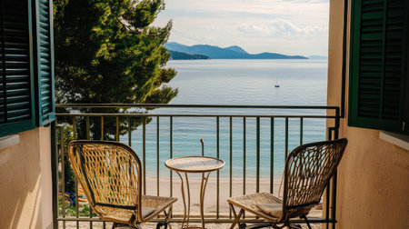 Private balcony of a beachfront hotel suite, furnished with cozy lounge chairs and a small table, overlooking the calm, azure sea.の素材