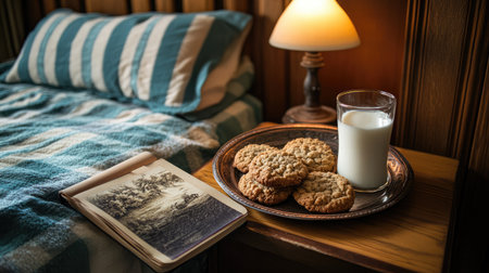 A cozy hotel room with a tray of freshly baked cookies, a glass of milk, and a good book placed on a bedside table.の素材