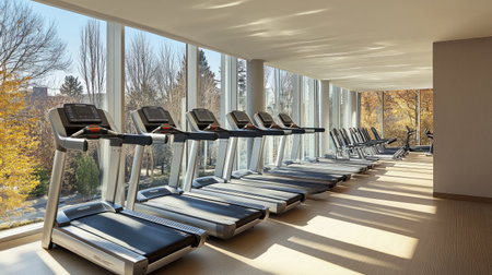 A hotel fitness center featuring a row of treadmills facing floor-to-ceiling windows with a scenic outdoor view.の素材