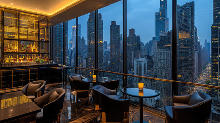 A contemporary hotel rooftop bar with glass railings, modern lounge furniture, and breathtaking views of the city skyline.の素材