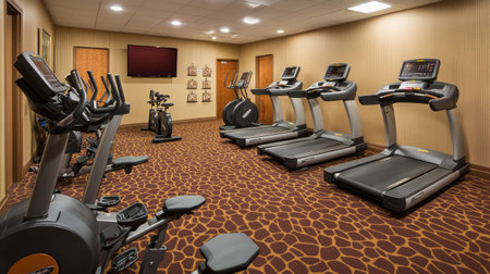 A hotel fitness area highlighting a selection of stationary bikes, elliptical machines, and a wall-mounted TV for entertainment.の素材