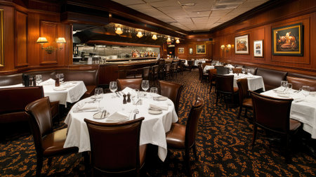 A contemporary hotel steakhouse with dark wood accents, leather seating, and an open grill visible to diners.の素材