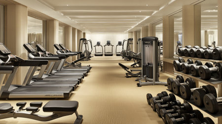 A hotel gym featuring state-of-the-art cardio machines, free weights neatly organized, and mirrors lining the walls.の素材