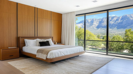 A contemporary hotel suite showcasing a minimalist design with a platform bed, built-in storage solutions, and floor-to-ceiling windows offering mountain views.の素材