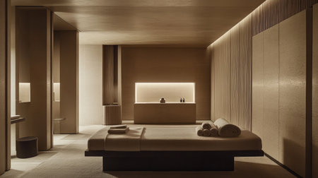 A modern hotel spa room featuring a heated stone massage bed, dimmed lighting, and aromatic essential oils diffusing a calming scent throughout the space.の素材