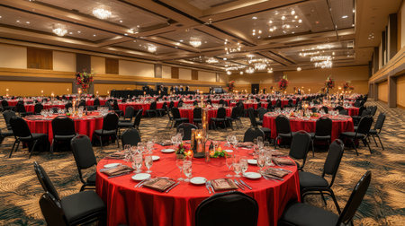 A spacious banquet hall featuring long rectangular tables set with fine china, silverware, and candles, prepared for a formal dinner event.の素材