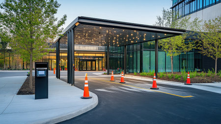 A spacious hotel driveway featuring a valet parking kiosk, neatly arranged traffic cones guiding vehicles, and a backdrop of the hotel's grand entrance.の素材