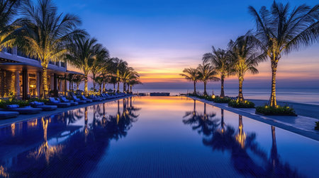 Infinity pool at a beachfront hotel overlooking the ocean, with palm trees lining the poolside and the sun setting on the horizon.の素材