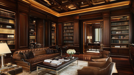 A luxurious hotel suite featuring a private library, rich wood paneling, and leather-bound books, creating a sophisticated retreat.の素材