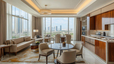 A spacious hotel suite with a separate dining area, modern kitchenette, and large windows allowing natural light to illuminate the neutral-toned decor.の素材