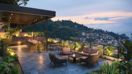 A rooftop terrace of a boutique hotel offering panoramic city views, furnished with comfortable seating and ambient lighting for evening relaxation.の素材