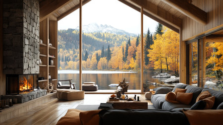 A rustic cabin living room with a large window overlooking a tranquil lake surrounded by autumn trees, featuring a stone fireplace and cozy seating.の素材