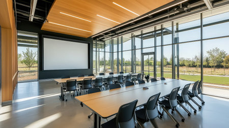 A contemporary conference space with a large interactive whiteboard, sleek furniture, and recessed lighting.の素材