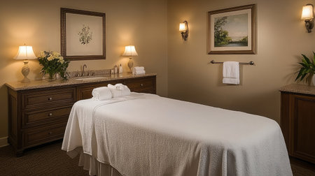 A serene hotel spa room featuring a massage table adorned with fresh white linens, soft ambient lighting, and aromatic candles creating a tranquil atmosphere.の素材