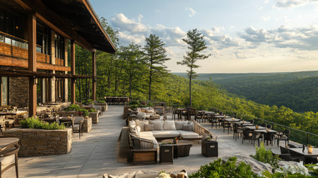 A boutique hotel terrace overlooking a scenic landscape, furnished with cozy seating and decorated with potted plants for a relaxing outdoor experience.の素材