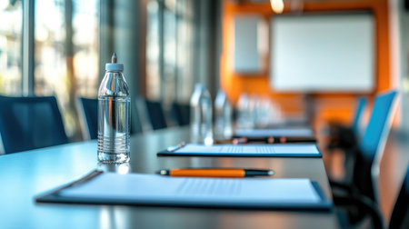 A well-lit conference space equipped with a projector screen, whiteboard, and neatly arranged notepads and pens on the table.の素材