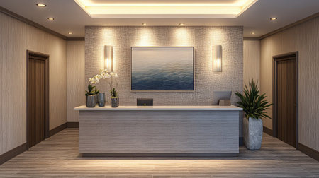 A modern check-out area showcasing a sleek counter, a wall-mounted art piece, and ambient floor lighting.の素材