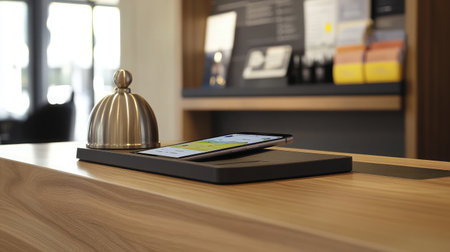 A close-up of a concierge area with a service bell, a selection of nature trail maps, and a sleek smartphone for guest assistance.の素材