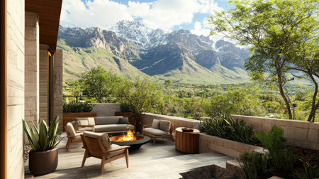 A luxury hotel suite with a private terrace overlooking a serene mountain landscape, furnished with cozy seating and a fire pit.の素材