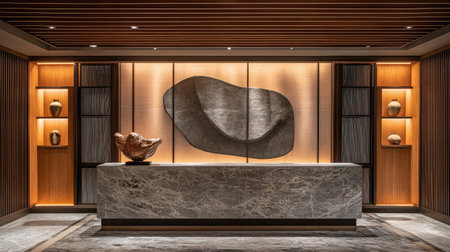 A hotel check-in area featuring a marble counter, a decorative sculpture, and a backdrop of illuminated wall panels.の素材