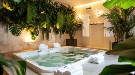 A tranquil hotel spa area with a bubbling hot tub, surrounded by lush indoor plants, soft lighting, and neatly folded towels ready for use.の素材